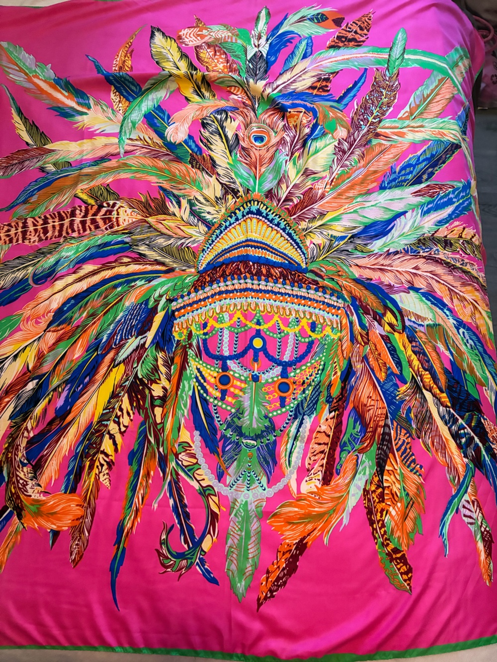 Vibrant Pink Multicolor Feather Art Silk Scarf Designer Inspired 90 x 90 cm